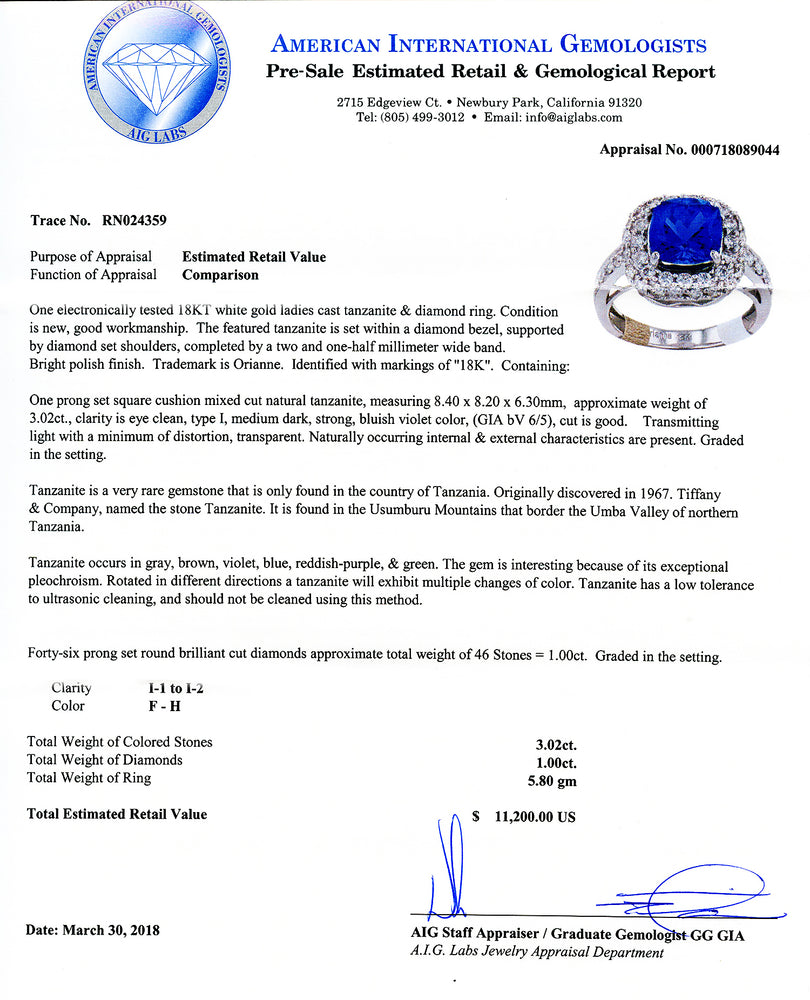 18K White Gold Tanzanite & Diamond Ring